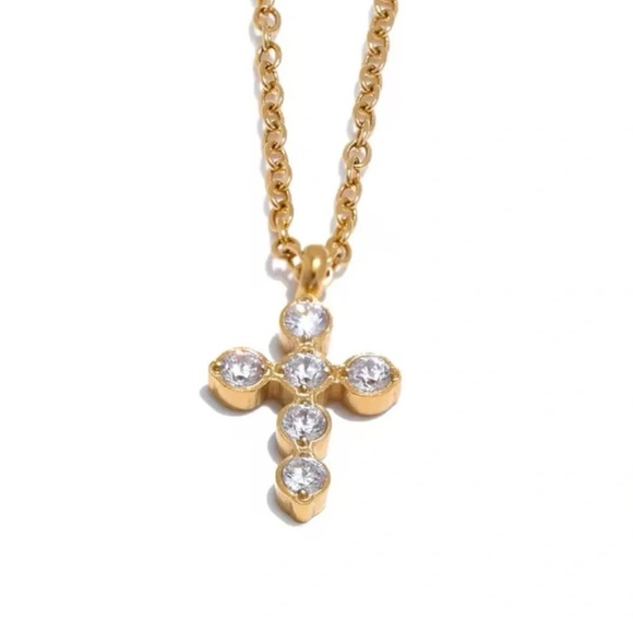 Anthropologie Barbara Cross Gold Stainless Steel Waterproof Necklace - Picture 1 of 10